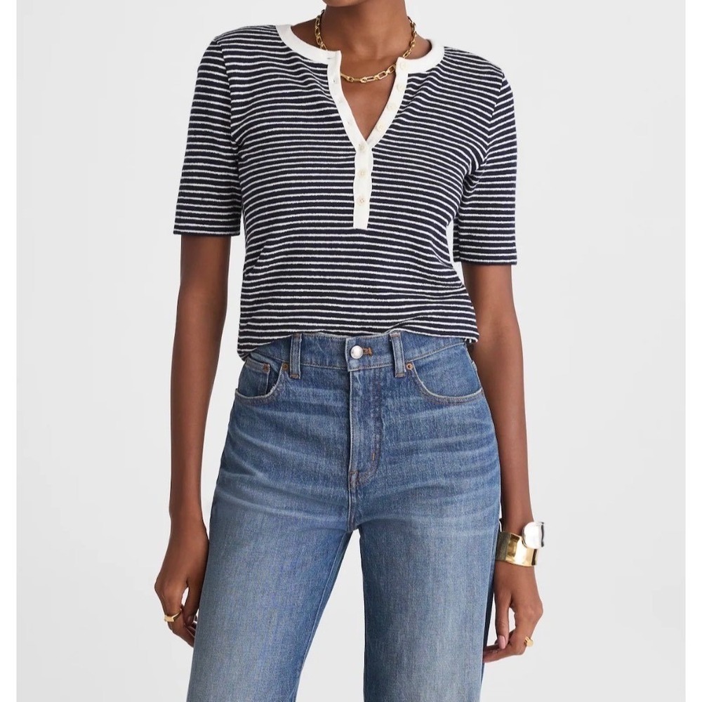 Madewell Blue White Striped Terry Cloth Henley Short Sleeve Top size XS NW863